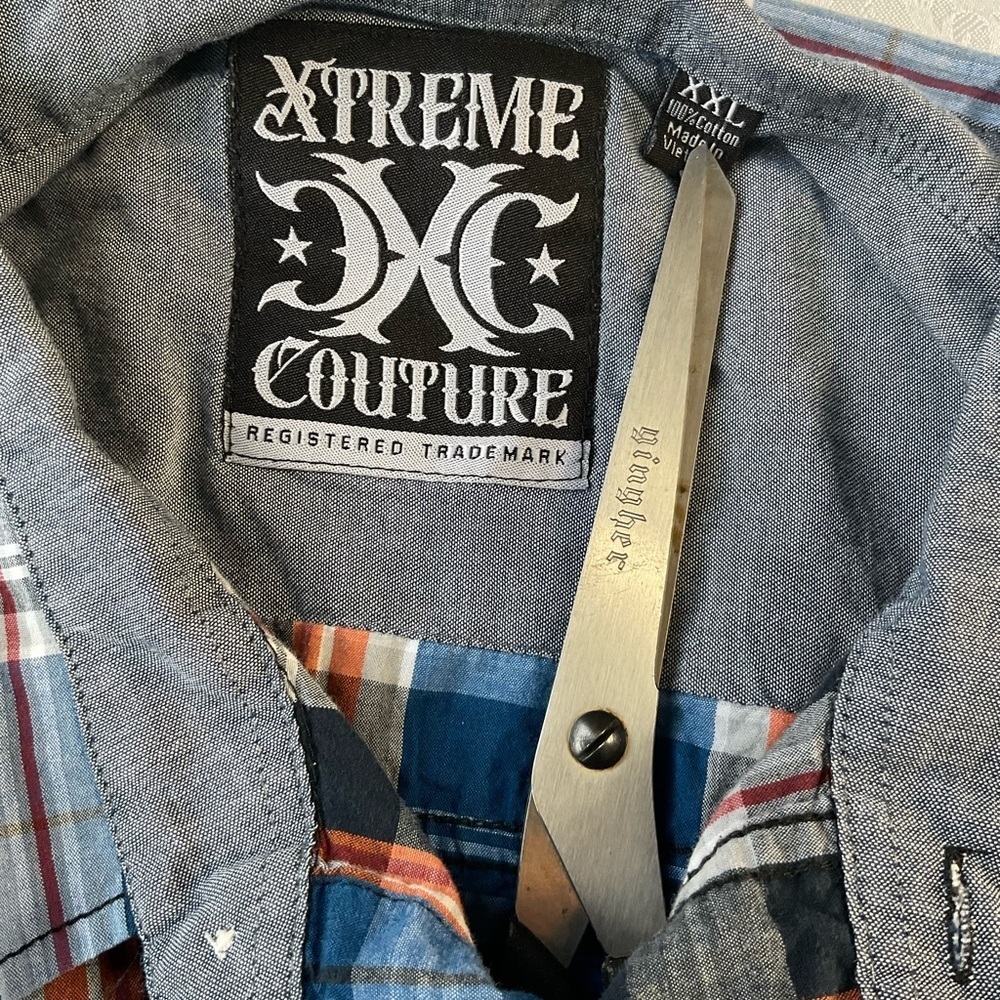 Xtreme Couture 100% Cotton Shirt Mens Size XXL Blue Orange Plaid Button Up - Picture 9 of 9